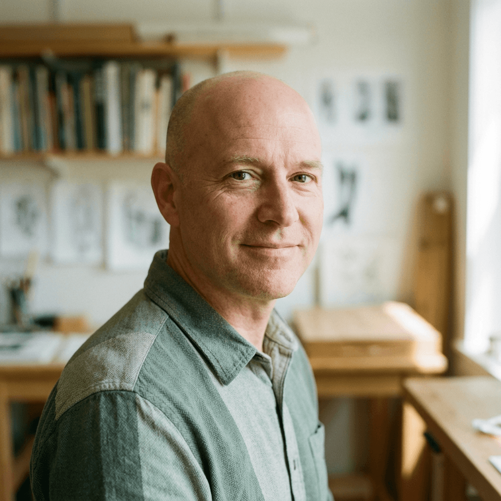 Male patient in his early 50s, White, calm and confident expression, professional headshot