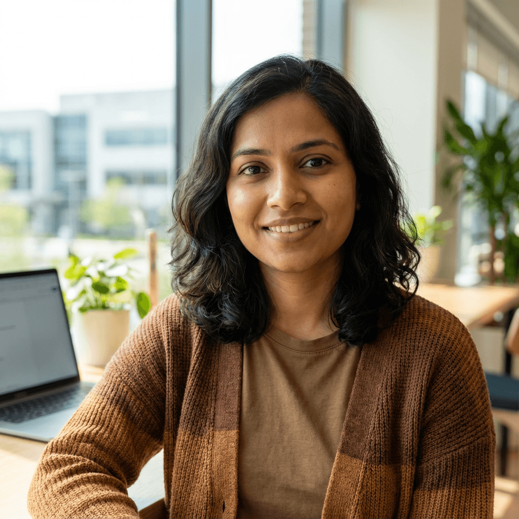 Female patient in her early 40s, South Asian, warm and determined expression, professional headshot