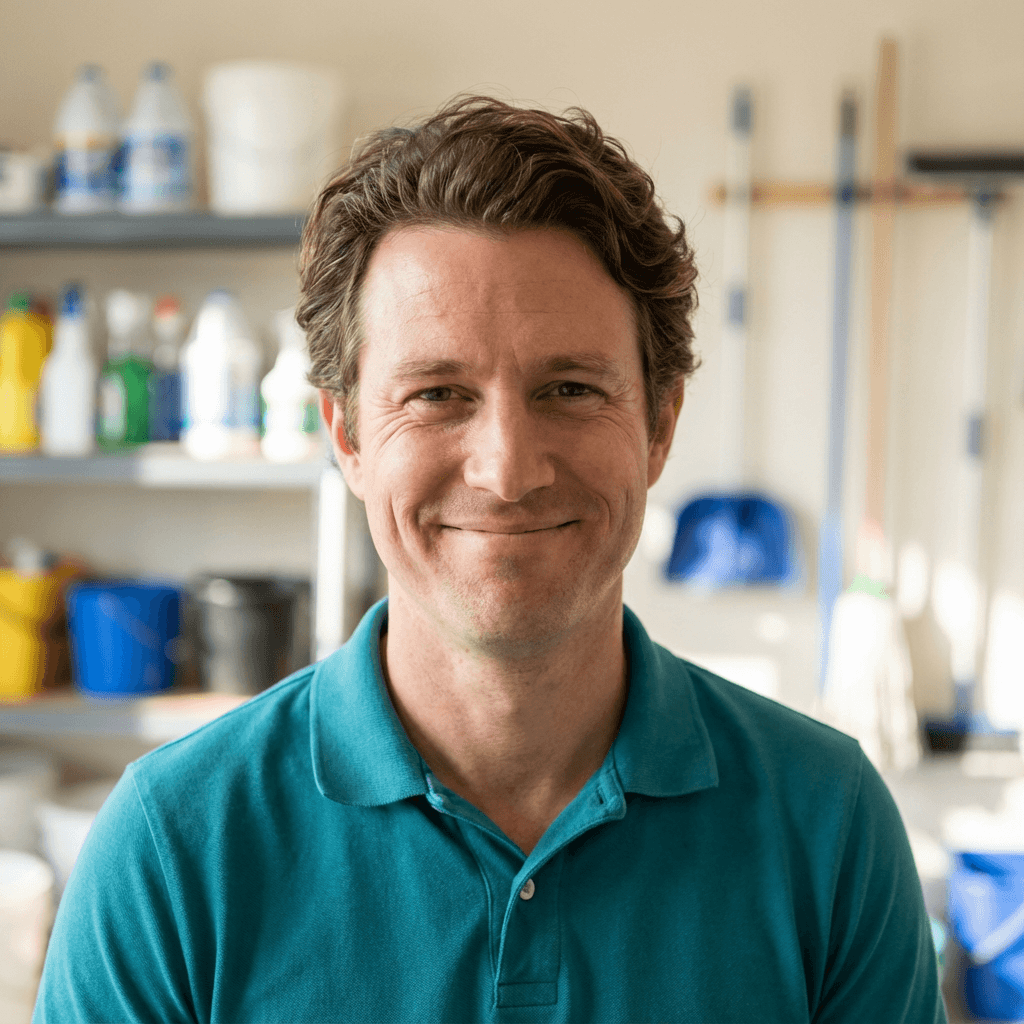 Portrait of Daniel R., a physiotherapy patient in his 40s, smiling in a bright clinic setting