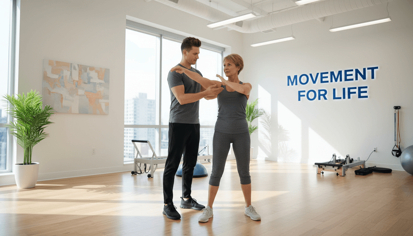 Physiotherapist guiding a patient through a mobility exercise in a bright modern clinic
