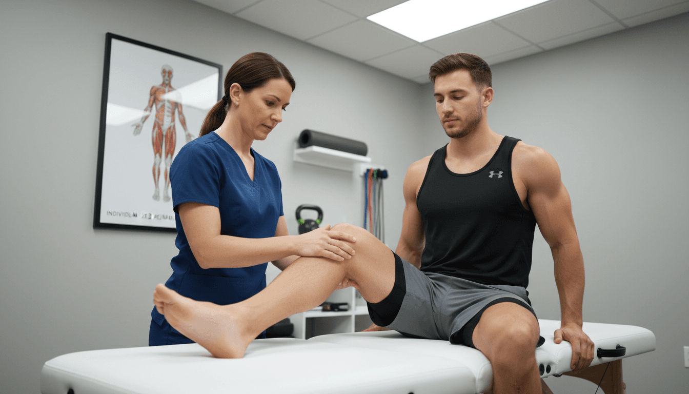 Physiotherapist guiding a patient through a movement assessment in a bright Toronto clinic