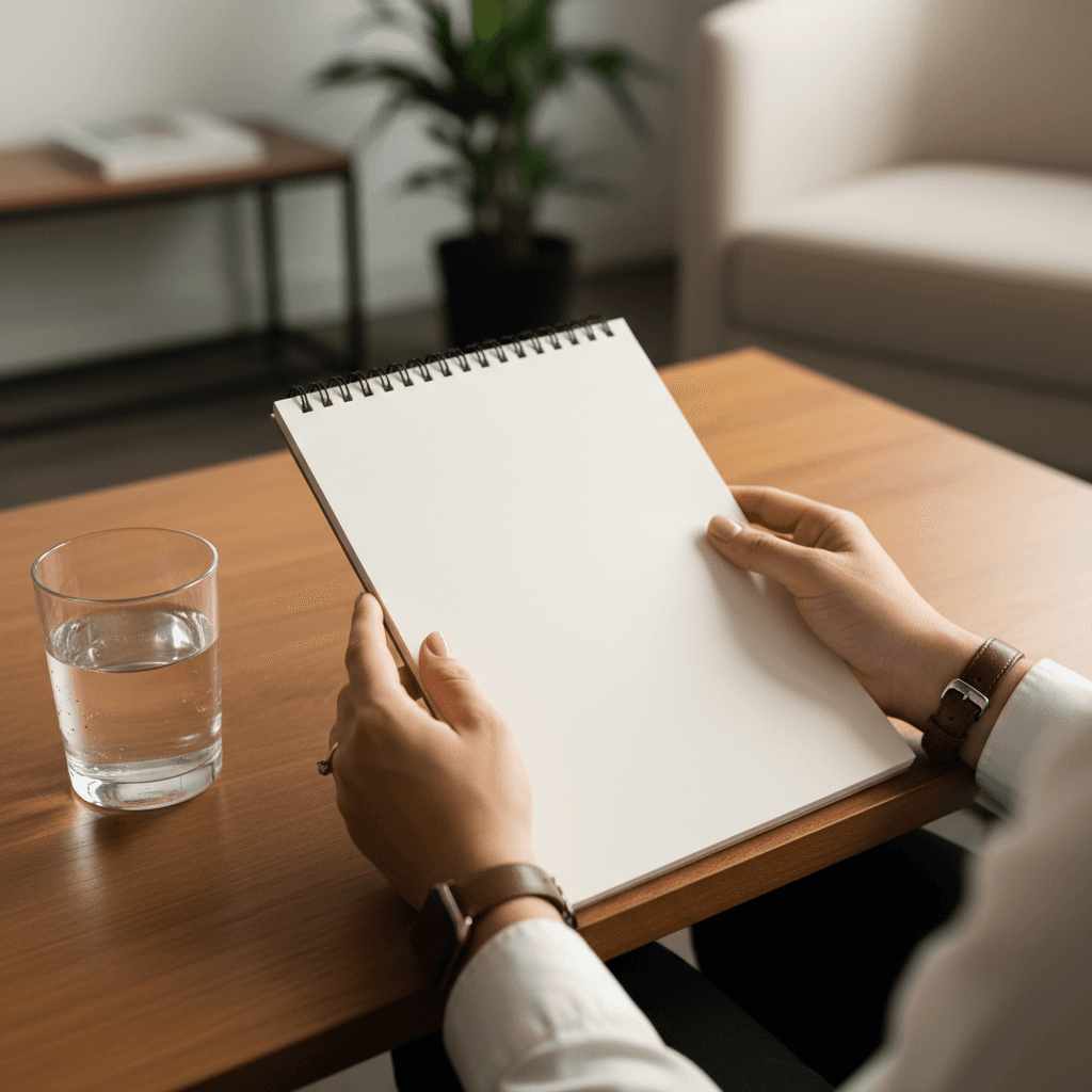 Therapist's hands writing notes during counseling session on warm wooden desk in therapy office