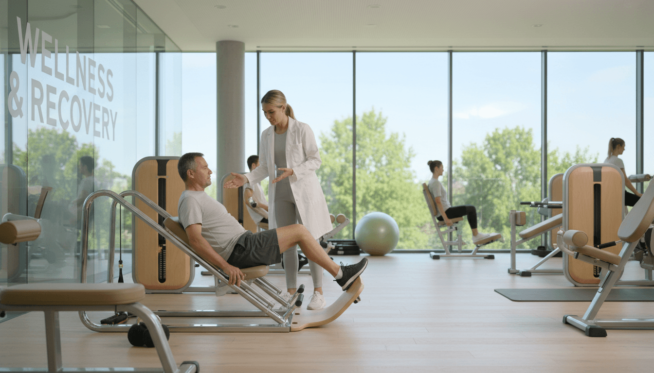 Physiotherapist helping a patient with a stretching exercise in a bright Toronto clinic