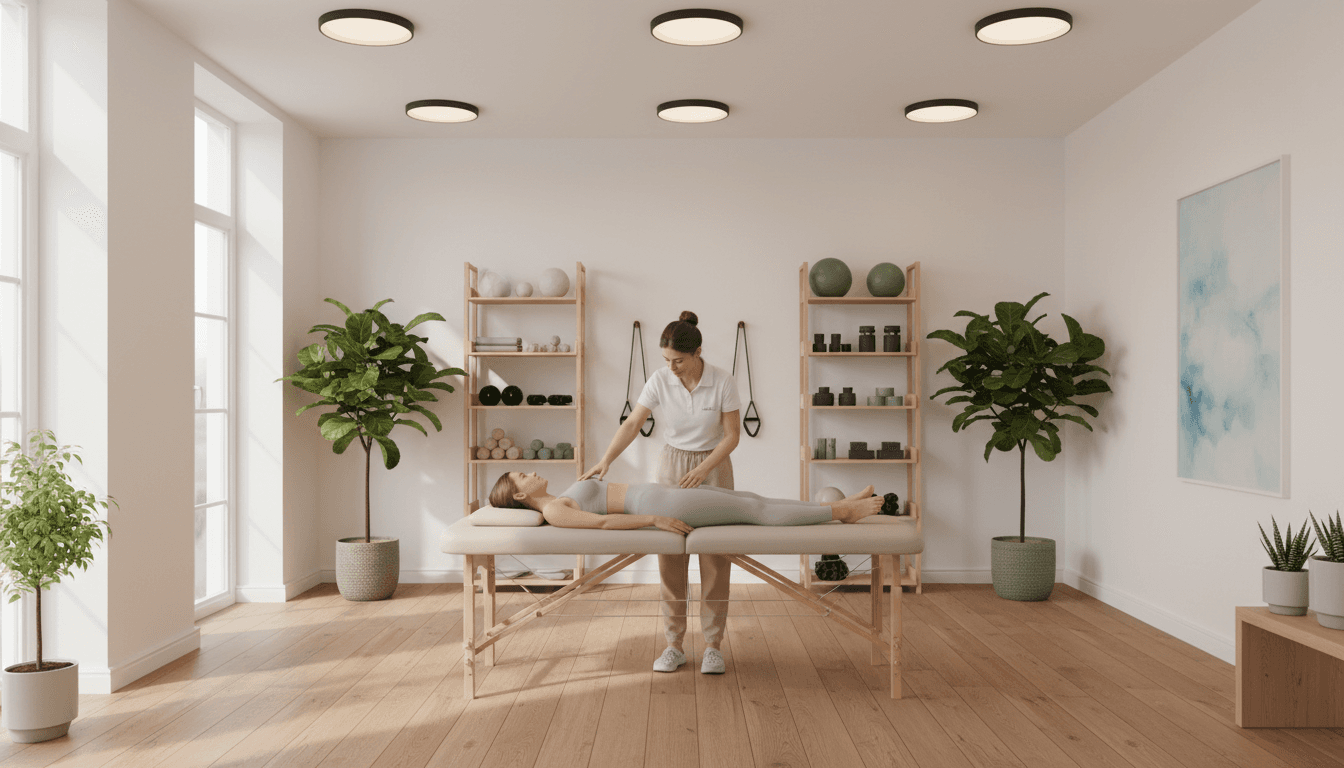 Modern physiotherapy clinic with therapist guiding client through stretching exercise on treatment table