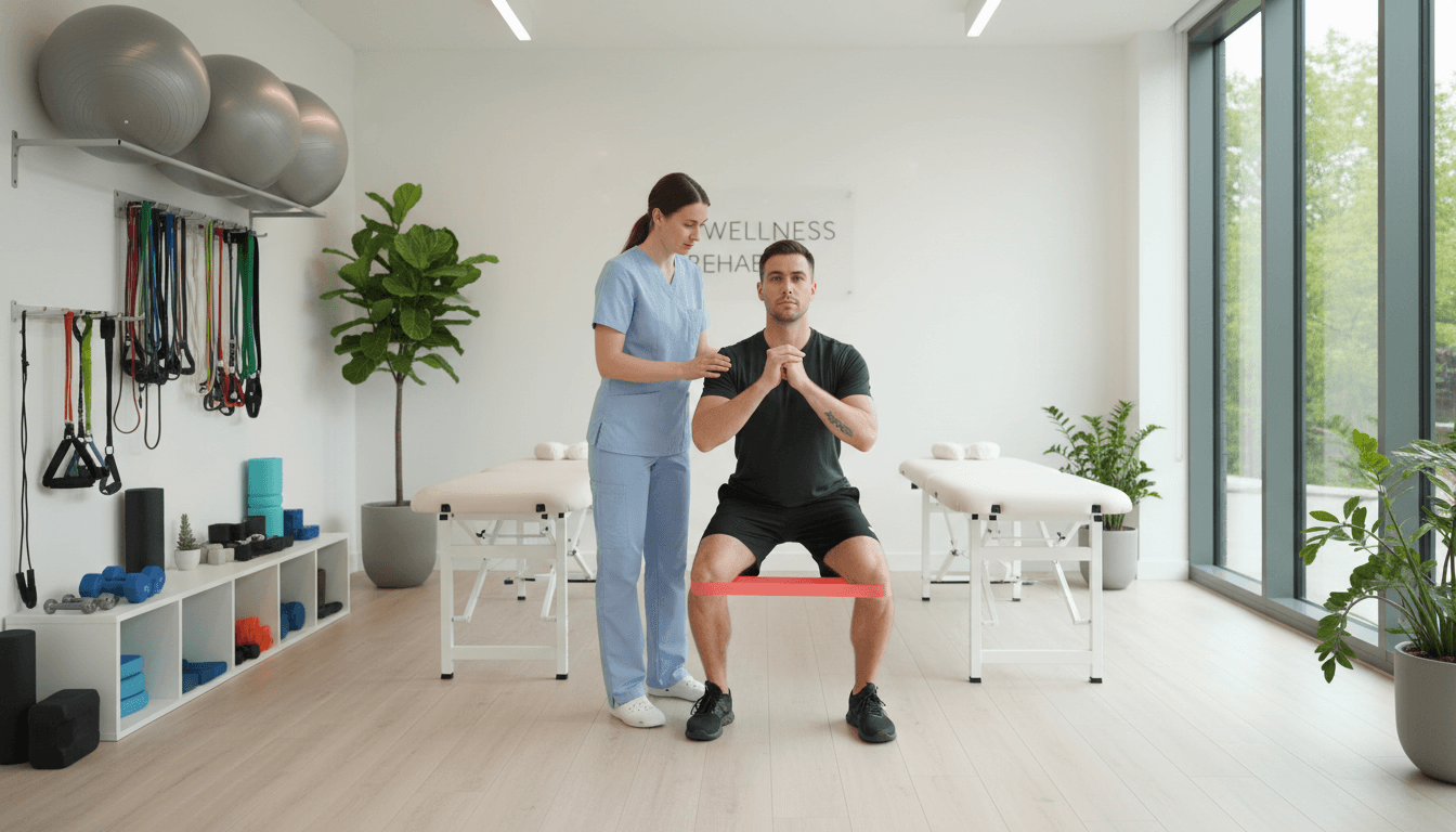 Physiotherapist guiding a patient through a rehabilitation exercise in a bright modern clinic